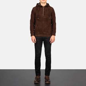 Chaqueta de Hombre con Capucha y Cierre de Cremallera, de Gamuza Marrón, Estilo Casual para Otoño, Corte Regular, Color Sólido, con Forro de Poliéster - Product Image 5