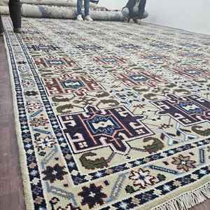 พรมขนสัตว์ถักมือ ลายเรขาคณิตชนเผ่า สีครีม น้ำเงิน น้ำตาล พรมแบบดั้งเดิม ตกแต่งบ้าน ห้องนั่งเล่น ห้องนอน - Product Image 3