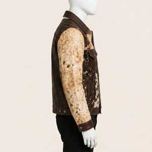 Veste de motard en cuir véritable pour homme, motif vachette, col rabattu, fermeture boutonnée, coupe classique, automne, décontractée - Product Image 3