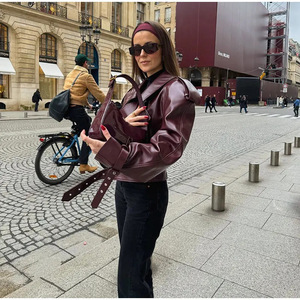 Fashion Women Leather <b>Jacket</b> Oversized Loose Fit PU Coat <b>Ladies</b> Wine Red Biker Outerwear Streetwear Top - Product Image 2