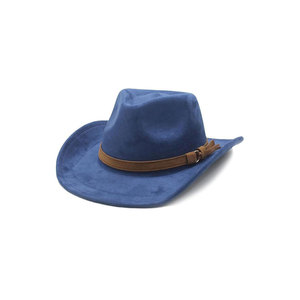 Sombrero de Vaquero de Fieltro Azul sin Tejer con Banda de Cuero Marrón para Hombre y Mujer - Product Image 1