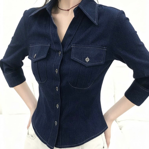 Chemise en jean pour femme, coupe droite, manches longues, col rabattu, boutonnée, décontractée, pour le bureau, automne, style vintage, effet amincissant - Product Image 4