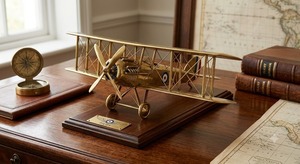 Sculpture élégante en laiton de biplan, figurine de pilote plaquée or faite à la main, décoration de table, objet d'art pour bureau - Product Image 3