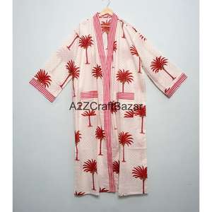 Bata Kimono de Algodón con Estampado Floral para Mujer, Cuello en V, Largo Completo, Mangas Tres Cuartos, Cierre con Cordón Delantero, Suave y Transpirable - Product Image 1