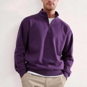 Sudadera de manga larga con media cremallera para hombre, color morado oscuro, tela personalizable de alto gramaje, para uso casual. - Product Image 2