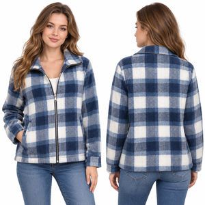 Veste en flanelle à carreaux pour femme, douce, zippée, col rabattu, manches longues, pour l'automne et l'hiver, vente en gros - Product Image 2
