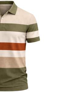 Polo pour homme rayé beige et vert olive avec contraste rouille en coton, coupe classique, décontracté, été, fabricant OEM, approvisionnement en gros - Product Image 3