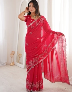 KV Georgette <b>Red</b> Embellished <b>Saree</b> With Unstitched Blouse - Product Image 2