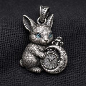 Pendentif montre de poche en argent plaqué or avec pierre naturelle, motif lapin et lune à œil bleu, bijou vintage à thème animal, cadeau unisexe - Product Image 3