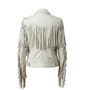 men Light Gray Leather <b>Jacket</b> With <b>Fringe</b> Tassel Details Turn-down Collar Zipper Closure Moto Biker Style Autumn Wear - Product Image 5