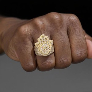 Mens Brass <b>24K</b> <b>Gold</b> Plated Hamsa Hand Cocktail <b>Ring</b> with Moissanite Micro Pave Bohemia Style Fashion <b>Ring</b> - Product Image 5