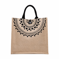 Sac fourre-tout en jute pour femme de qualité supérieure, poignées noires, imprimé mandala, réutilisable, écologique, durable, léger, résistant, avec bouton