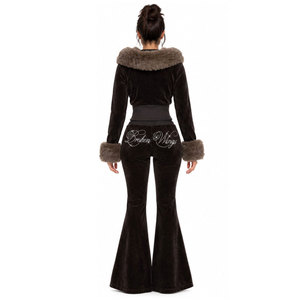 Conjunto Deportivo de Terciopelo Negro para Mujer, con Capucha, Mangas Largas, Pantalones Acampanados, Bordado de Alas Rotas, Estilo Gótico Invernal - Product Image 4