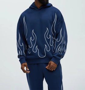 Sweat-shirt décontracté pour homme, coupe oversize, brodé motif flamme, patchwork imprimé marine, collection hiver, offre spéciale - Product Image 1