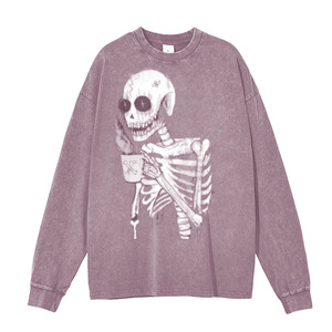 Unisex Purple Crew Neck Long Sleeve Sweatshirt Printed <b>Skeleton</b> Holding Cup Front Loose Fit All Seasons 100% Cotton - Product Image 4