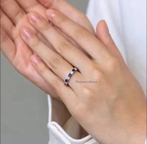 Half Full Eternity Gemstone Wedding Moissanite Blue Sapphire Eternity Band White Gold Wedding <b>Ring</b> Moissanite Band <b>Ring</b> Fine - Product Image 3