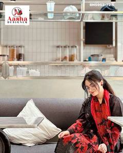 Conjunto de Salwar-Kameez de Diseño Moderno en Algodón con Parches Estampados y Bordados en Rojo y Negro, Semi-cosido, Compra en Línea en India - Product Image 5