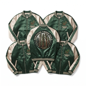 Wholesale Satin Varsity Jacket Brown Cream Sugar Shack Cabin Embroidered Letterman <b>Coat</b> Snap Button Outerwear Direct Factory - Product Image 5