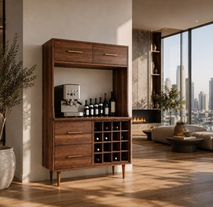 Modern Solid Teak <b>Bar</b> <b>Cabinet</b> with Wine Storage and Coffee Station with Drawers Freestanding Console - Product Image 4