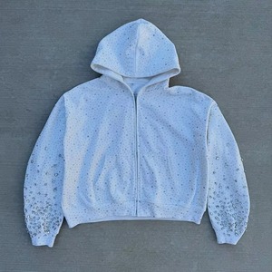 Custom Winter Plain Dyed Rhinestone Diamond <b>Zip</b> Up Hoodie Unisex Bling Crystal Hip Hop Streetwear Tracksuit Style OEM - Product Image 1