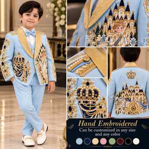 Traje de Esmoquin para Niño, Bordado a Mano, Azul Rey con Perlas Doradas, Blazer con Cuentas, Diseño de Alta Costura, Ropa Formal para Niños, Traje de Tres Piezas para Bodas y Fiestas - Product Image 5
