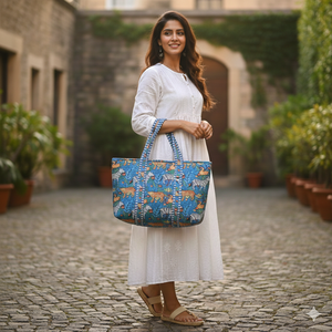 Sac fourre-tout de voyage et de shopping pour femme, grande capacité, fait main, en coton matelassé, imprimé animalier safari bleu, pliable, à ouverture supérieure, porté épaule - Product Image 2