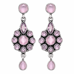 <b>Oxidized</b> Silver Plated Brass Monalisa Pink Stone Bezel Set Trendy Lovers Drop Earrings Women | Ethnic Handmade Anniversary - Product Image 1