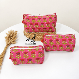 Pochette de maquillage imperméable réutilisable en gros, imprimée au bloc, matelassée, lavable, faite à la main, style bohème, lot de 3 pochettes en coton - Product Image 1
