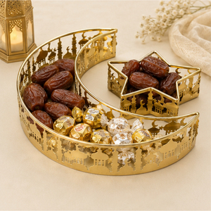 <b>Gold</b> Metal Ramadan <b>Tray</b> Set Moon Star Eid Mubarak <b>Serving</b> Platter Islamic Food Display Stand for Home Holiday Party Table Decor - Product Image 2