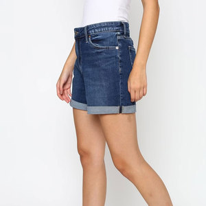 Short en jean taille haute pour femme, cinq poches, fermeture boutonnée, coton délavé, style décontracté, coupe classique, couleur unie, ourlet retroussé - Product Image 3