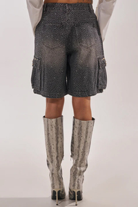 Shorts cargo taille haute ornés de perles pour femme, style streetwear, fermeture boutonnée, tissu en coton tissé avec poches - Product Image 4