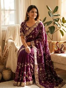 Sari de soirée brodé de sequins et de zari, alliant beauté classique à l'élégance moderne, avec chemisier en soie richement orné. - Product Image 1