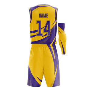 Uniforme de Baloncesto Sublimado Personalizado, Diseño Geométrico Amarillo y Morado, Cuello en V, Sin Mangas, Absorbe la Humedad, Ajuste Atlético, Unisex para Adultos - Product Image 2