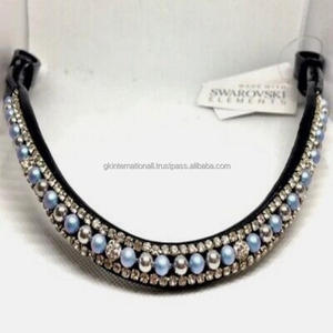 Banda de cuero genuino negro de alta calidad para cejas de caballo, diseño personalizado con 3 filas de perlas azules y cristales blancos, banda para cejas de caballo - Product Image 6