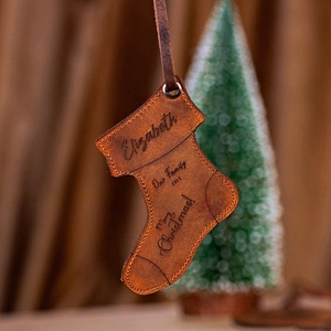 Custom Engraved Leather <b>Christmas</b> Ornaments Featuring Family Name & Festive Shapes With Leather Hanging Straps For Holiday Decor - Product Image 6