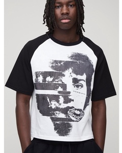 Hot Sell Raglan Sleeves Distressed <b>Main</b> Stage Back Print Glitch Face Front Graphic Heavyweight Cotton Tee Manufacturer - Product Image 1