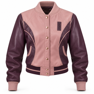 Ladies Genuine Lambskin <b>Leather</b> <b>Jacket</b> Pink Burgundy Colorblock <b>Women</b> Baseball Snap Button Varsity <b>Bomber</b> Outerwear Coat - Product Image 1
