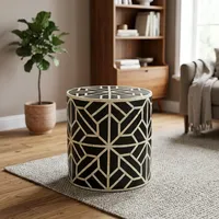 Table d'appoint en bois artisanale avec incrustation de os à motif géométrique, meuble décoratif pour salon et chambre à coucher