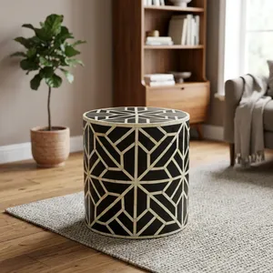 Mesa Auxiliar de Madera Hecha a Mano con Incrustaciones de Hueso, Patrón Geométrico, Mueble Decorativo para Sala de Estar o Dormitorio - Product Image 5