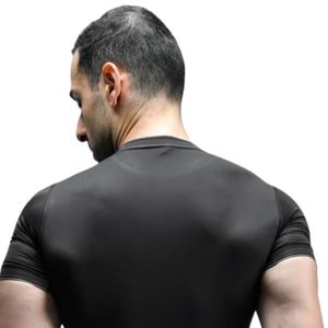 T-shirt à manches courtes pour homme, noir, coupe ajustée, col rond, extensible, pour entraînement sportif, gym, course à pied, vêtements de sport décontractés - Product Image 4