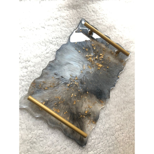 <b>Black</b> & White Marble Pattern Epoxy Resin Tray With Gold Handles Custom Gold Foil Embedded Decorative <b>Vanity</b> Tray For Home Hotels - Product Image 1