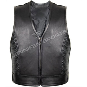Gilet de club en cuir MC pour homme, noir, en cuir de vachette, style motard, avec poches discrètes et ourlet tressé - Product Image 1