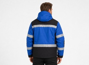 Men's Blue Black Hi Visibility Work <b>Jacket</b> With Reflective Stripes And Hood Polyester Material For Safety <b>Jacket</b> - Product Image 4