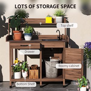 Tavolo da Lavoro da Esterno Dark Bro con Lavello, Banco da Giardinaggio per Patio e Armadietto Portaoggetti con Ganci, Tavolo da Lavoro per Serra e Giardino - Product Image 4