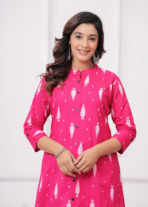 Women Pink Printed A-<b>Line</b> Cotton Kurti Set with <b>Pants</b>, V-Neck 3/4 Sleeve Ethnic Wear Casual Daily Wear Kurta Set for Women - Product Image 5