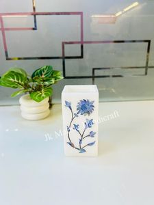 Porte-stylo carré en marbre avec incrustation florale bleue, organiseur de bureau, pièce artisanale - Product Image 3