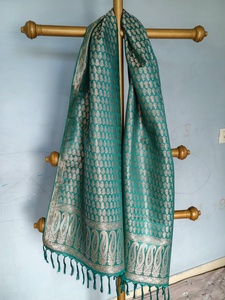 Turquoise <b>Women</b> Silk Jacquard Prayer <b>Shawl</b> with Woven Paisley Border and Tassels - Product Image 4