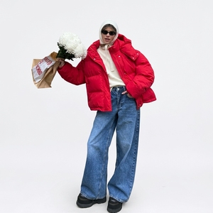 Red Quilted Puffer Jacket With Hood Full Sleeve Zipper Winter <b>Coat</b> <b>For</b> <b>Women</b> Solid Color Polyester Wadding Thick Regular Length - Product Image 6