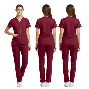 Women's Burgundy Zip Front Medical <b>Scrub</b> Suit Cargo Pocket Healthcare <b>Uniform</b> Set - Product Image 4