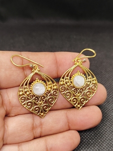 Export Brass Gemstone Drop <b>Earrings</b> Bulk Handcrafted Gold Plated Finish Moonstone Pattern Bezel - Product Image 5